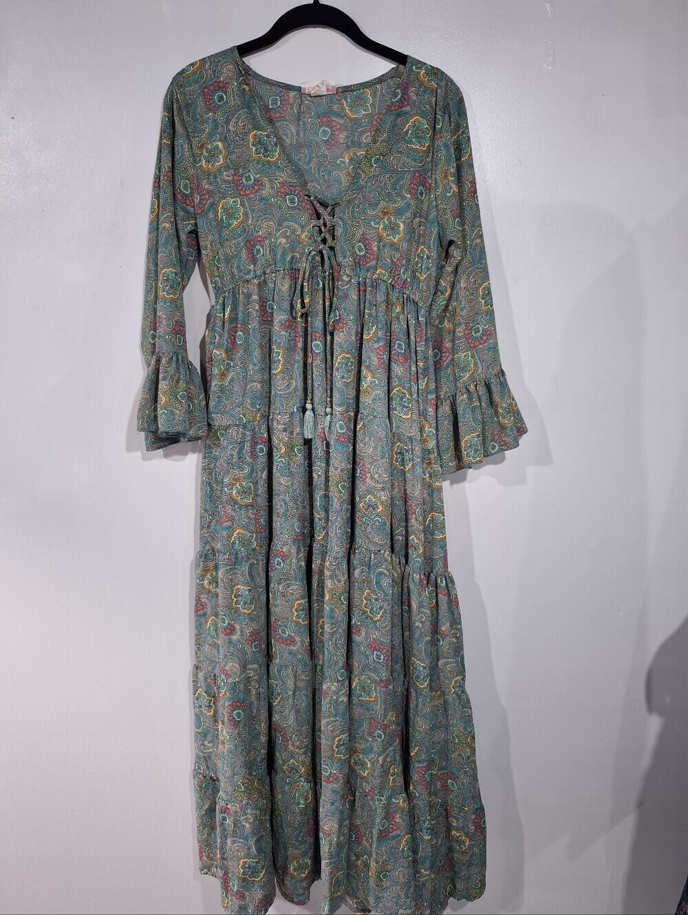 Boemo Paisley Lace-Up Maxi Dress Green Teal Cottagecore Paisant Tasell